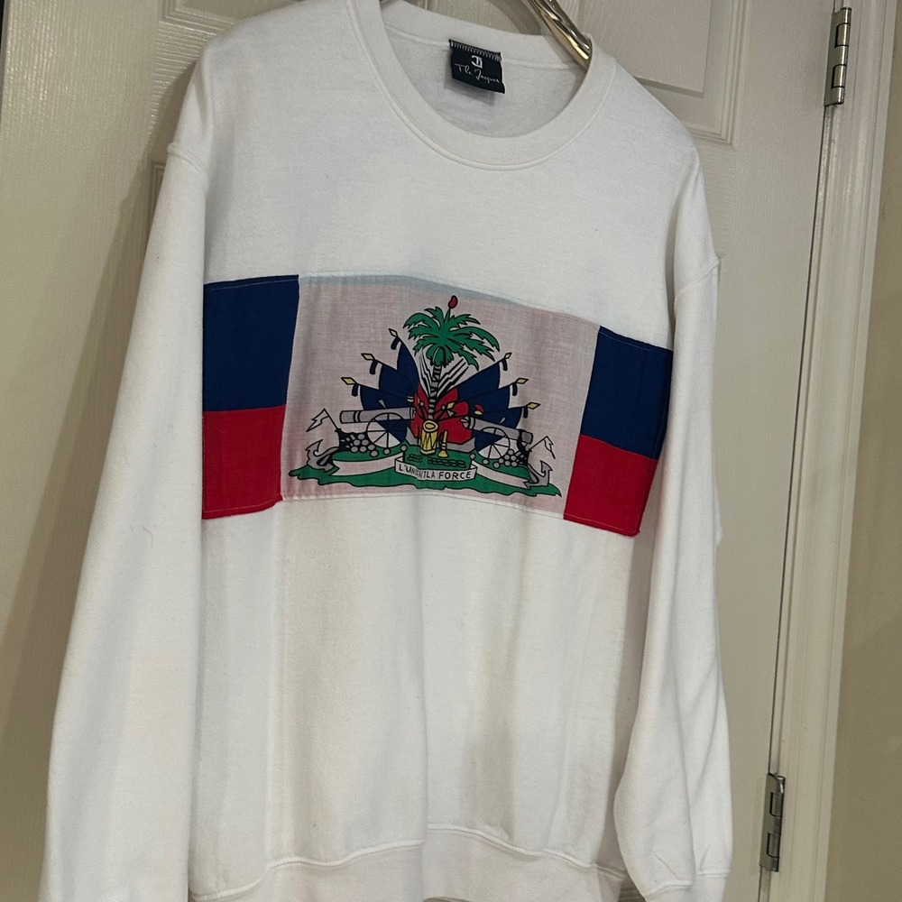 Vintage The Jacques Haiti Flag Sweatshirt Mens White Cotton size L/XL - Picture 3 of 9